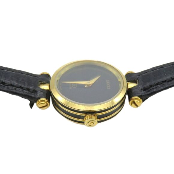 Gucci Vintage Y2K 18k Gold Plated GG Black Face Leather Band Dainty Stack Watch - Picture 5 of 9